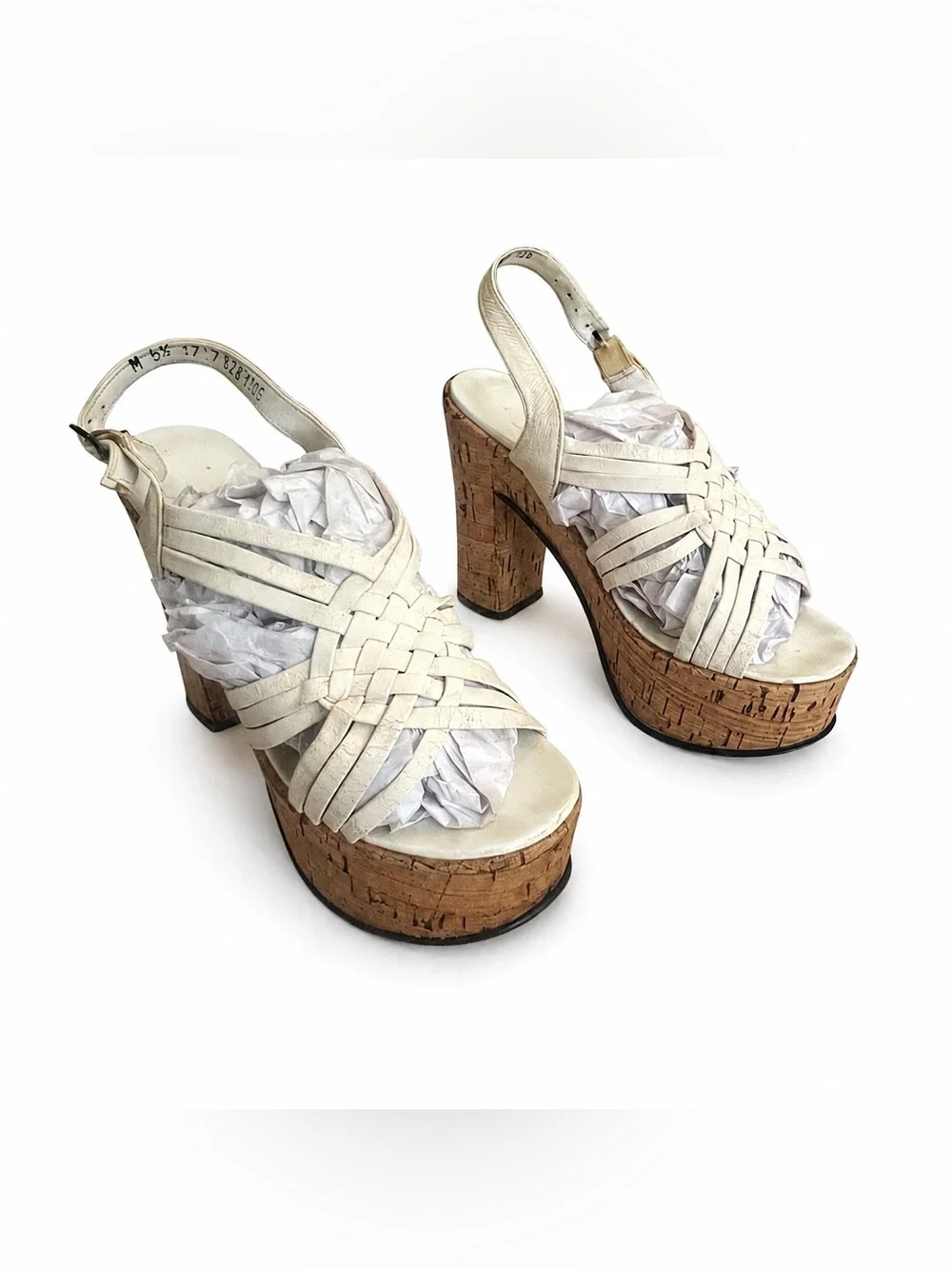 Vintage 70’s Woven White Leather Platform Sandals with Cork Heel